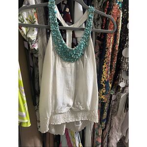 Y2K Bebe vintage Embellished Scoop Neck White Tank Top with Turquoise bead sz S